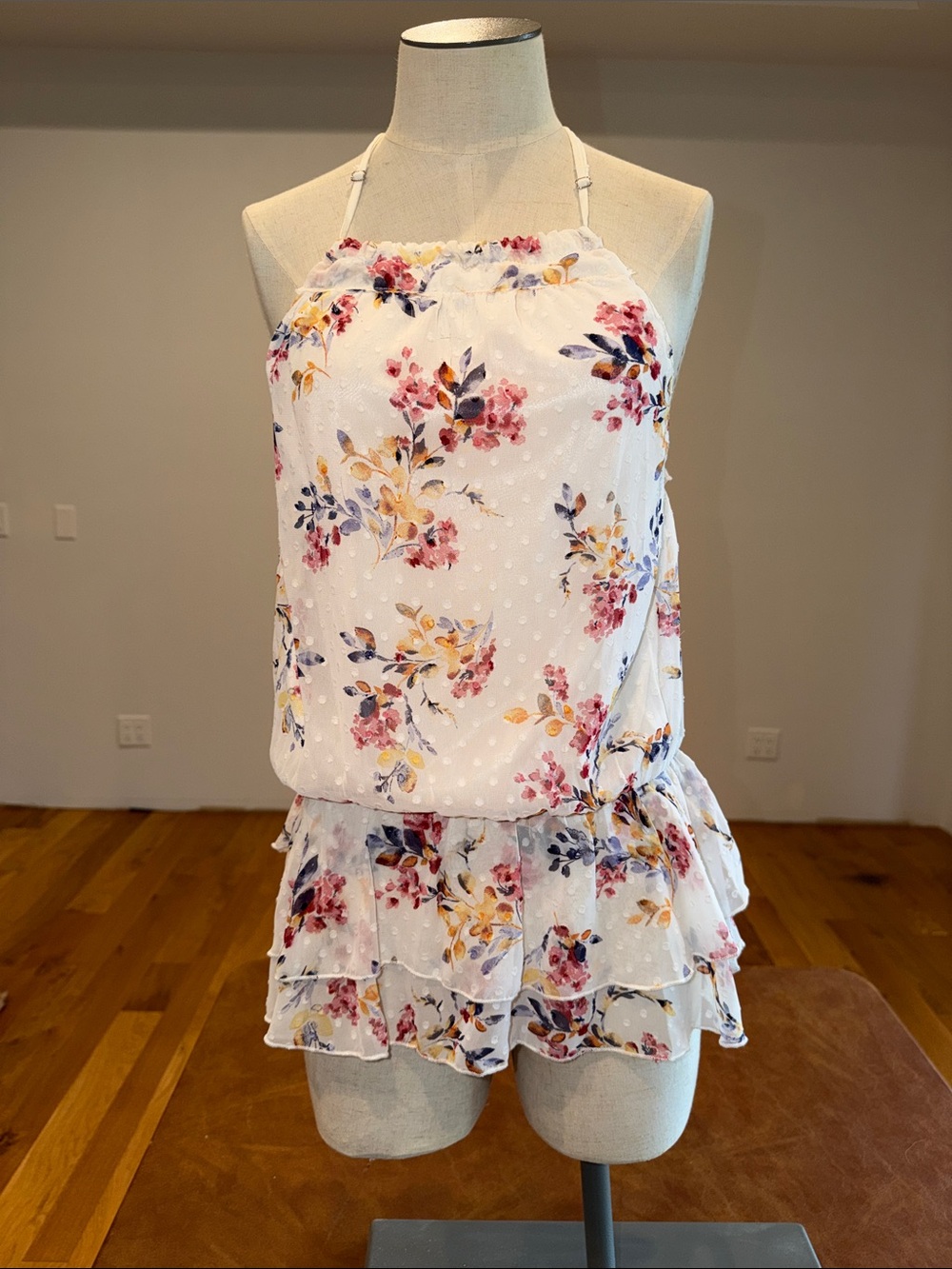 Floral Ruffled Halter Women’s Top in White with Pink & Yellow Flowers